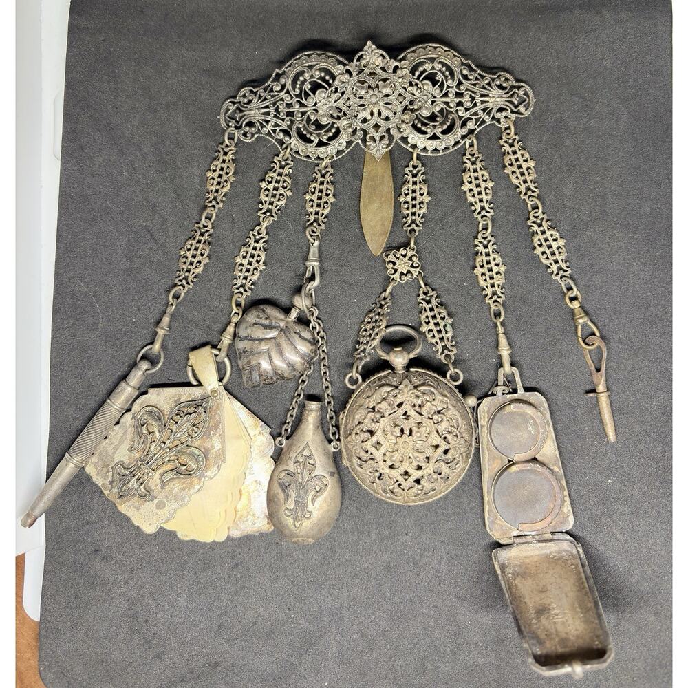Rare Victorian Chatelaine 19C 7 Piece Scent Bottle Watch Powder Compact Notebook - Picture 2 of 13